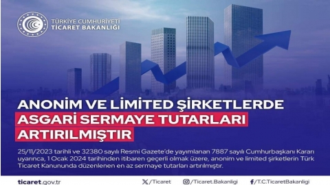 ANONİM VE LİMİTED ŞİRKETLERDE ASGARİ SERMAYE TUTARLARI ARTIRILMIŞTIR