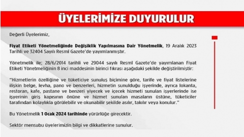 FİYAT ETİKETİ YÖNETMELİĞİNDE DEĞİŞİKLİK YAPILMASINA DAİR YÖNETMELİK HK.