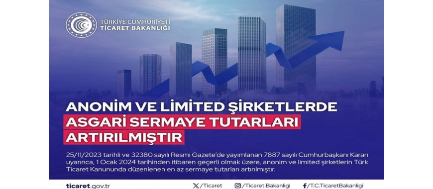 ANONİM VE LİMİTED ŞİRKETLERDE ASGARİ SERMAYE TUTARLARI ARTIRILMIŞTIR